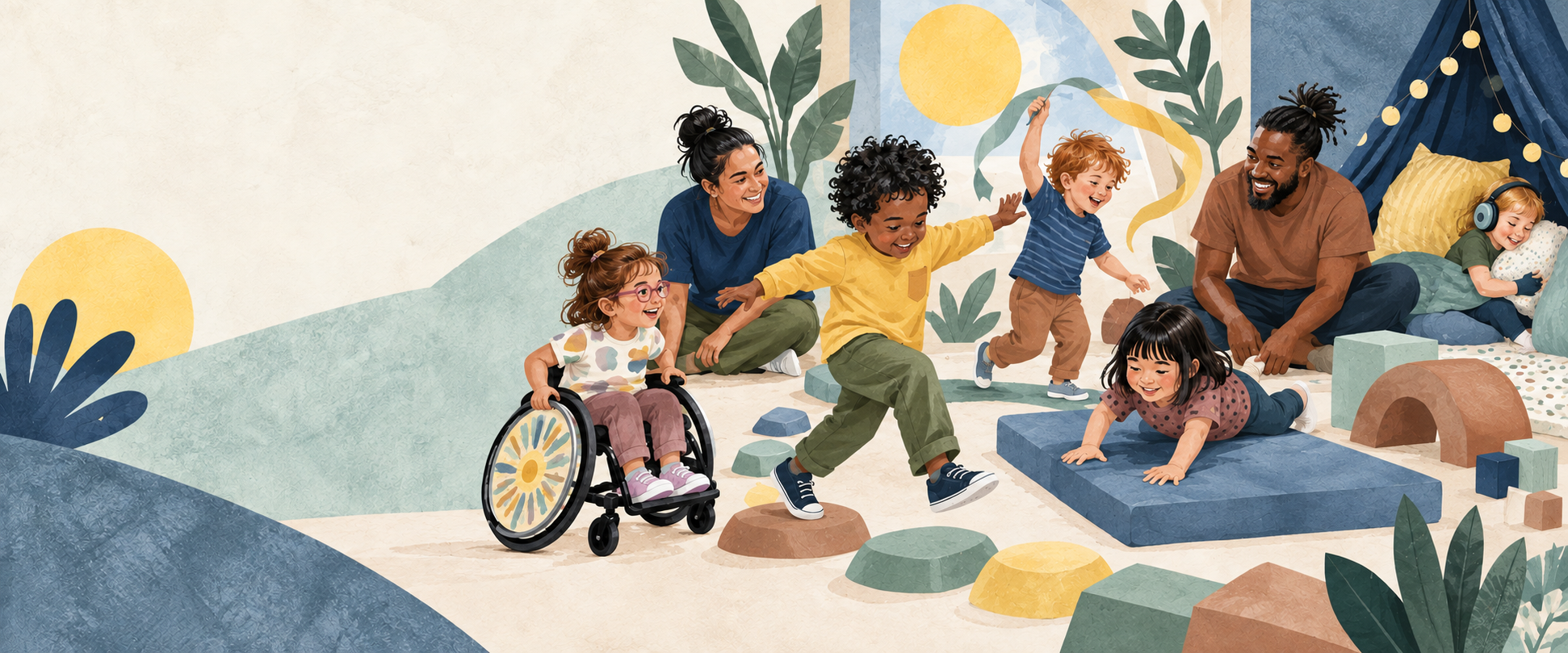 Children and caring adults moving, playing, and resting together in an inclusive sensory space